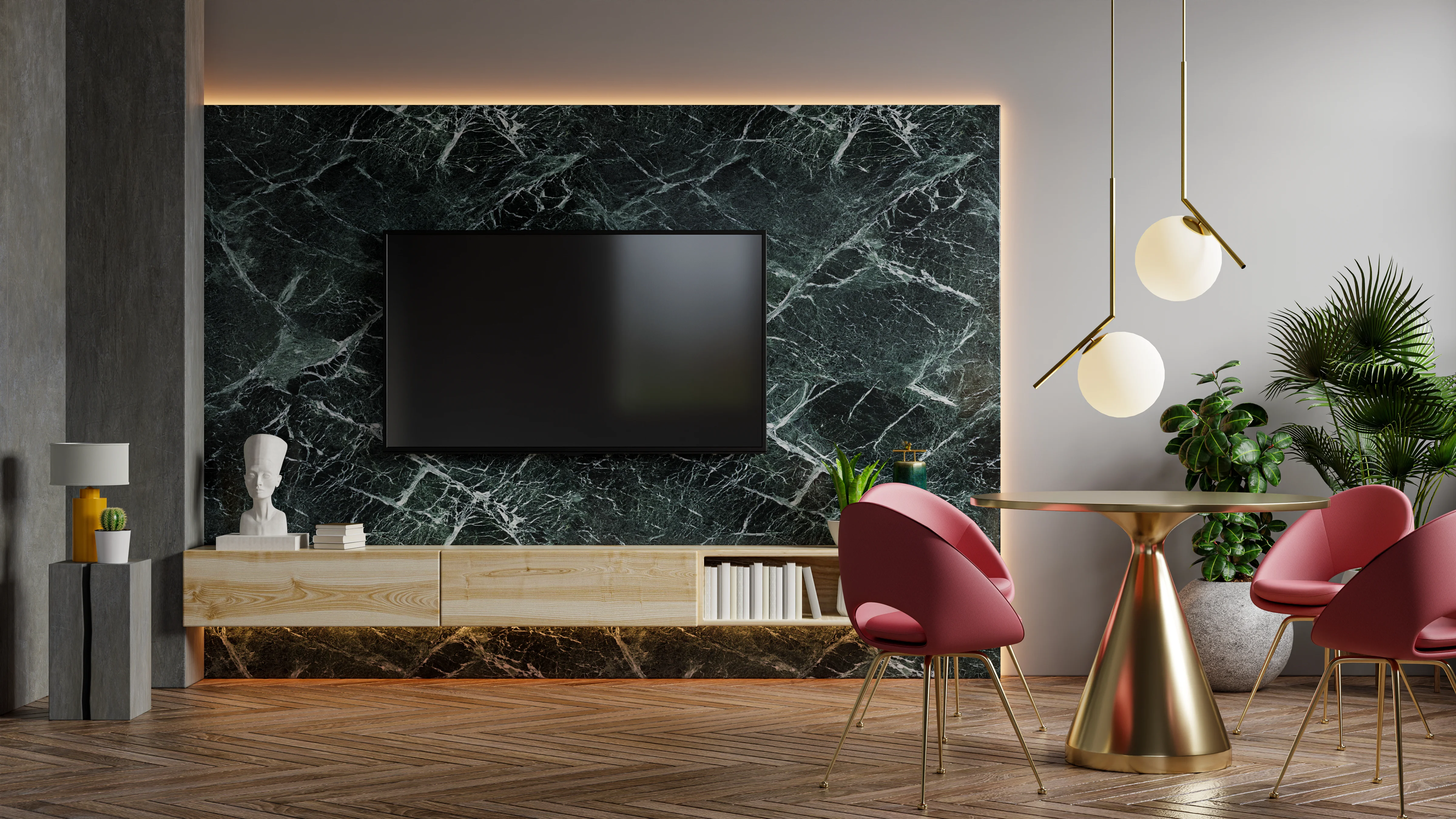 Muro interior revestido con piedra tecnológica en Ultra Gran Formato — continuidad visual sin juntas